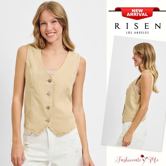 RISEN V-Neckline Button Closure Sleeveless Stretch Casual Denim Vest | Latte - Picture 1 of 7